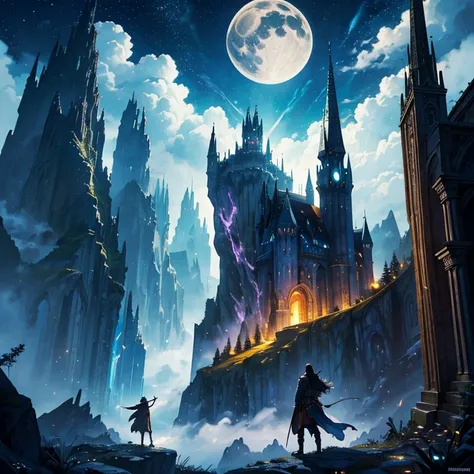 (masterpiece, best quality, ultra-detailed, illustration, high resolution, UHD, depth, cinematic lighting):1.4, solo, 1man, wizard, flying, night sky, outdoors, magic, moon, stars, clouds, mysterious, enchanting, whimsical, adventurous, imagination, realis...