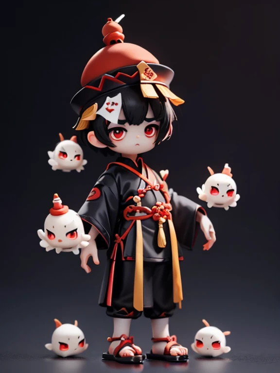 jiangshi、young,,mini characters,red eyes,black hair,dark atmosphere,deformed character,short hair,short hair,very short hair,thi...