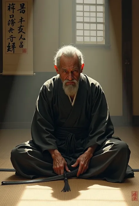 Please create an image of an old Japanese man practicing harakiri 