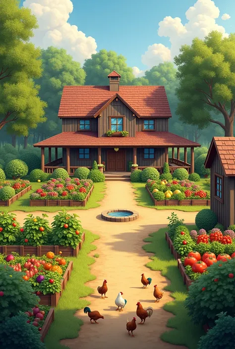 A farm with a traditional house with an orchard and a vegetable garden, and a yard with chickens and an artesian well