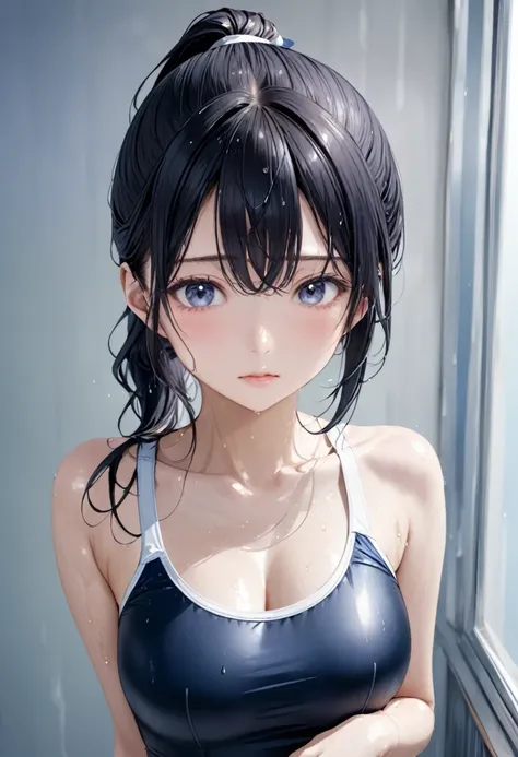 School Swimsuit、Black Hair、ponytail、Wet hair、Beautiful eyes、tits