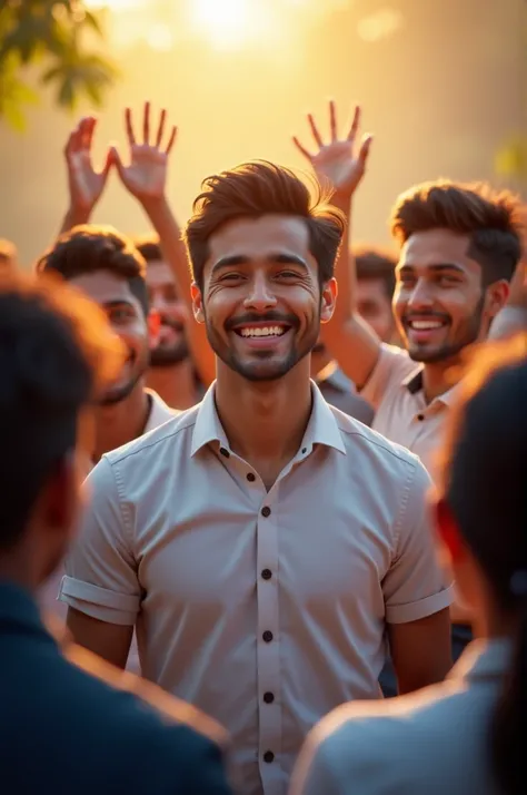 Create an image of a very good looking boy of 22 years old boy feeling very much happiness after cracking IAS exam he is wearing shootins shirtings and there are many boys and girls in the background 