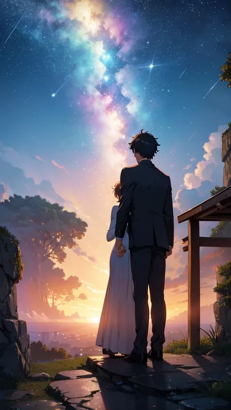 A wide-angle view captures the essence of a masterpiece, showcasing the impeccable quality and hyperrealism in the style of Makoto Shinkai. The scene depicts a breathtaking hillside where a couples silhouettes stand, gazing at the glittering cityscape of J...