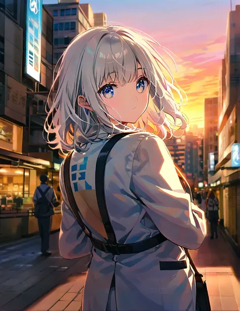 A white-haired, blue-eyed man in a white suit has a girl on his back and his back is turned in the middle of the city at sunset.