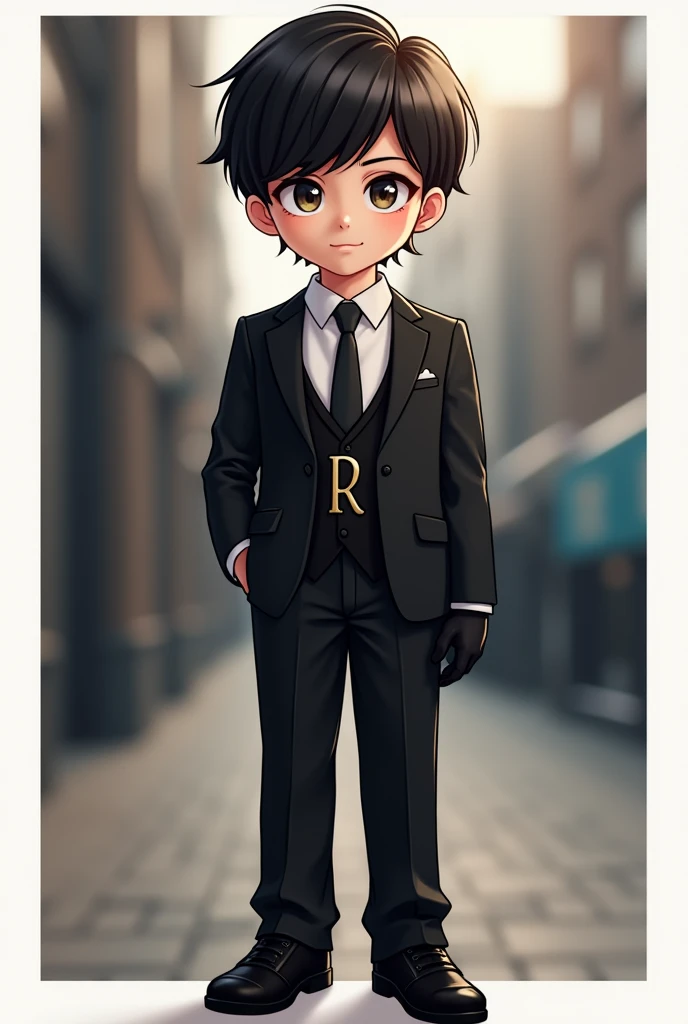 
light skin color dark hair black suit with the letter R in the middle dress shoes with beautiful hair medium dark hair color with gloves and bangs with very beautiful eyes, Cartoon style, blurred white border