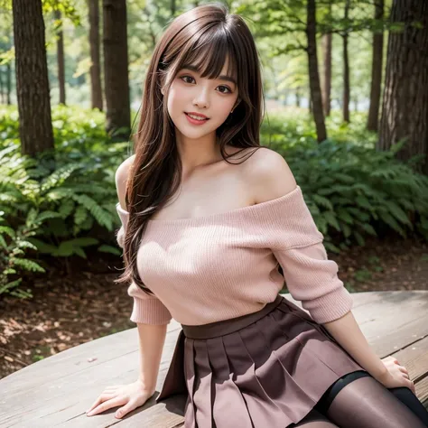 long skirt,skirt,Wearing a pink pleated skirt, Wear black stockings,(knee shot), 1 woman, On the face, laughing out loud, light brown hair, blunt bangs, hair behind ears, Hair over the shoulders, long hair, Slender body type, Super thin face, face slimming...