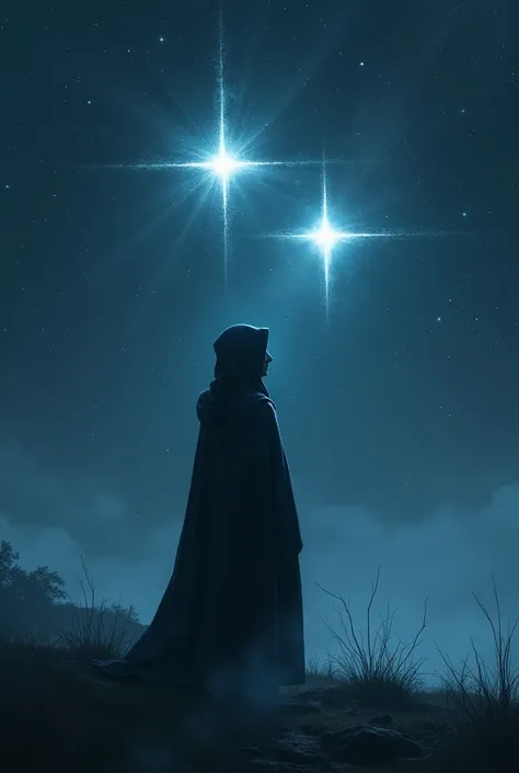 a mysterious person is looking at 2 shining stars