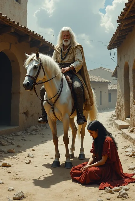 Don Quijote of La Mancha, old man with white hair and white horse. With two women from the street, dirty on the floor, (Prostitutes) in a village.