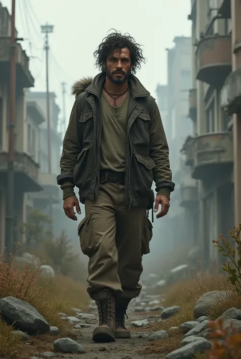 Create a casual white man with black curly hair in an apocalyptic world 