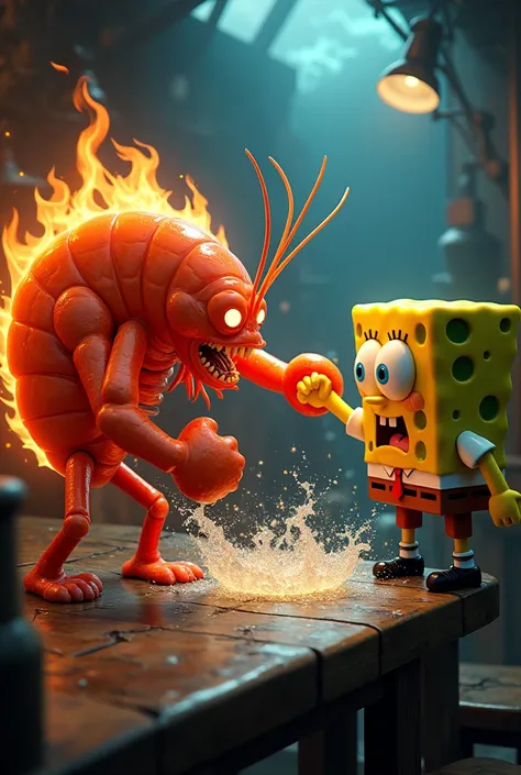 Create a flaming shrimp by arm wrestling with SpongeBob 
