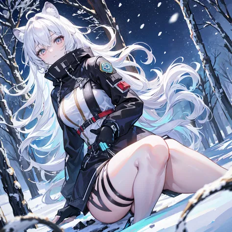 1 female, snow leopard demihuman, pretty, adult female, fluffy ears, narrow eyes, cold stare, fluffy tail, snow leopard ears and tail, human body, silver eyes, curly messy white hair, inside a snowy forest background, a anime artstyle, detailed, wearing re...