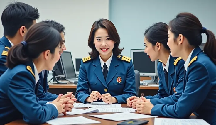 A stunning oil painting of a scene beautifully portraying, In a bustling government office, a young beautiful Korean woman, newly appointed as a government officer, in her crisp official uniform. Surrounded by her colleagues, she engages in discussion, her...