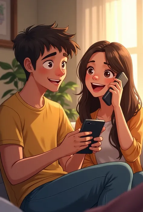 A young man and women talking over phone while laughing 