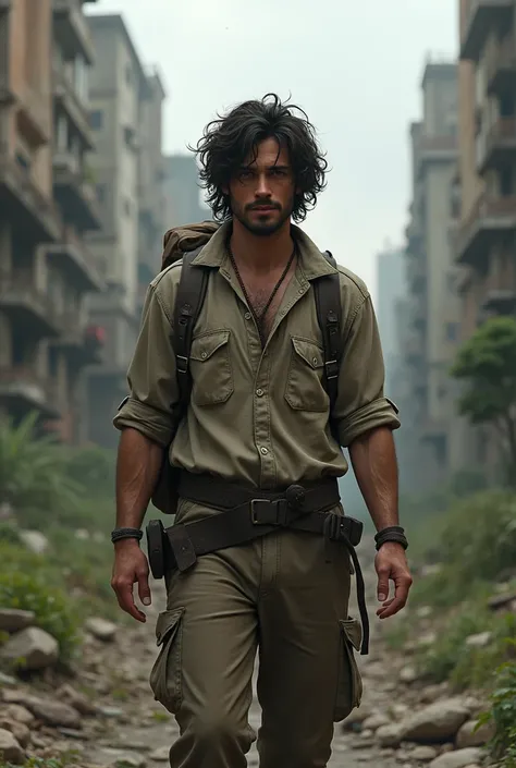 Create a casual white man with black curly hair in an apocalyptic world 