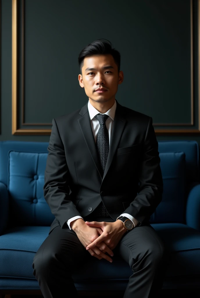 a 28 year old young Indonesian man, quite bloated, wearing a formal outfit, black tie, black coat, sitting on an elegant dark blue sofa with a professional pose. 4K photography, Professional Photography, high focus