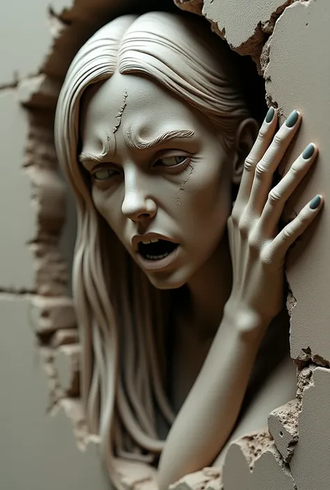 I would like to make a clay statue that gives the impression that it comes out of a wall., like decorative animal heads.  with an expression of despair and two hands, one more out of the other that makes it look like she is trying to escape from something,...