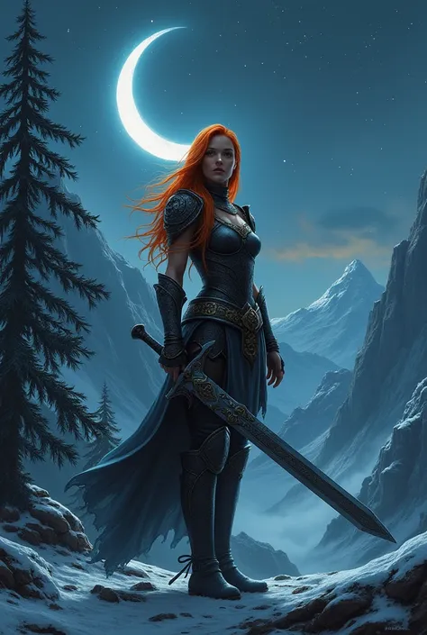 Orange haired viking girl under the crescent moon.