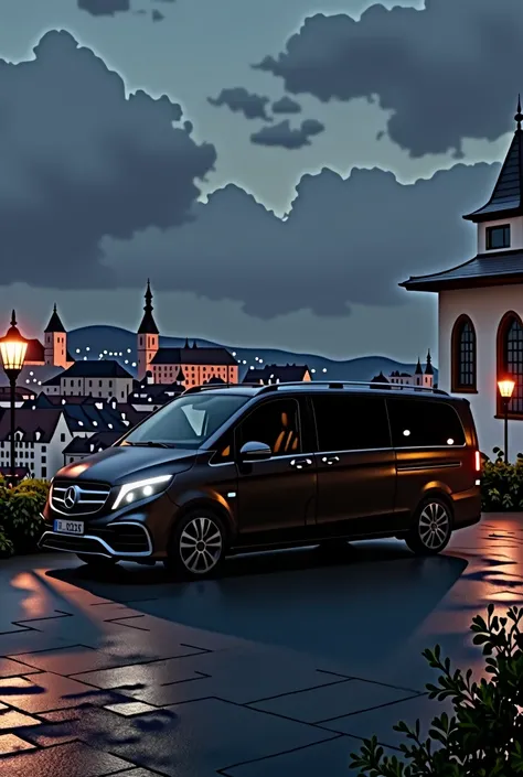 Create a picture of a Mercedes V-Class with tinted windows, Regensburg can be seen in the background. it is dark. 