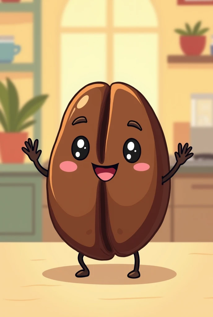 cartoon character like a coffee bean make him  clean, smile,  friendly
