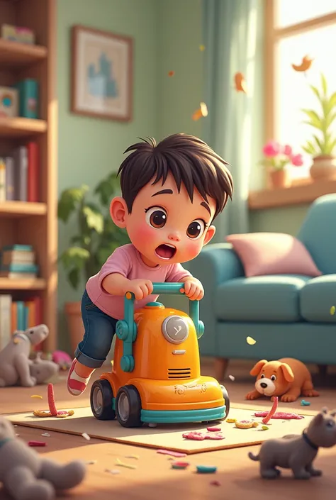 Child trying to help with a toy vacuum cleaner , throws everything and makes a mess while mom is busy.