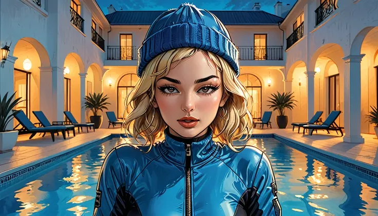 (((closed eyes))), ((open mouth)), (fullbody), night,palm, close-up portrait ((girl in Blue zipped up down winter jacket and black turtleneck )) and (jeans) and blue gloves and (((blue winter hat)))) in a lotus pose next to the pool at the white hotel with...