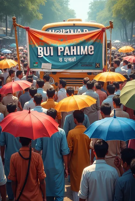 Kodinar ittehad panel  written on banner with asian male crowd with umbrellas showing bus written kodinar Memon Jamat 