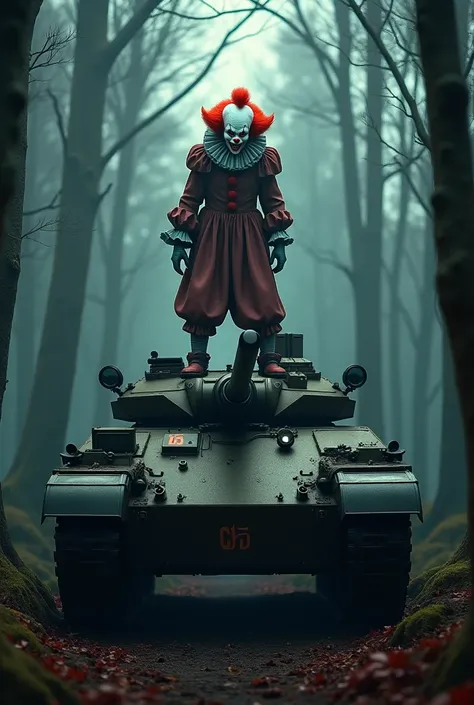 Scary clown on top of a tank with C5S written on it, em uma floresta escura