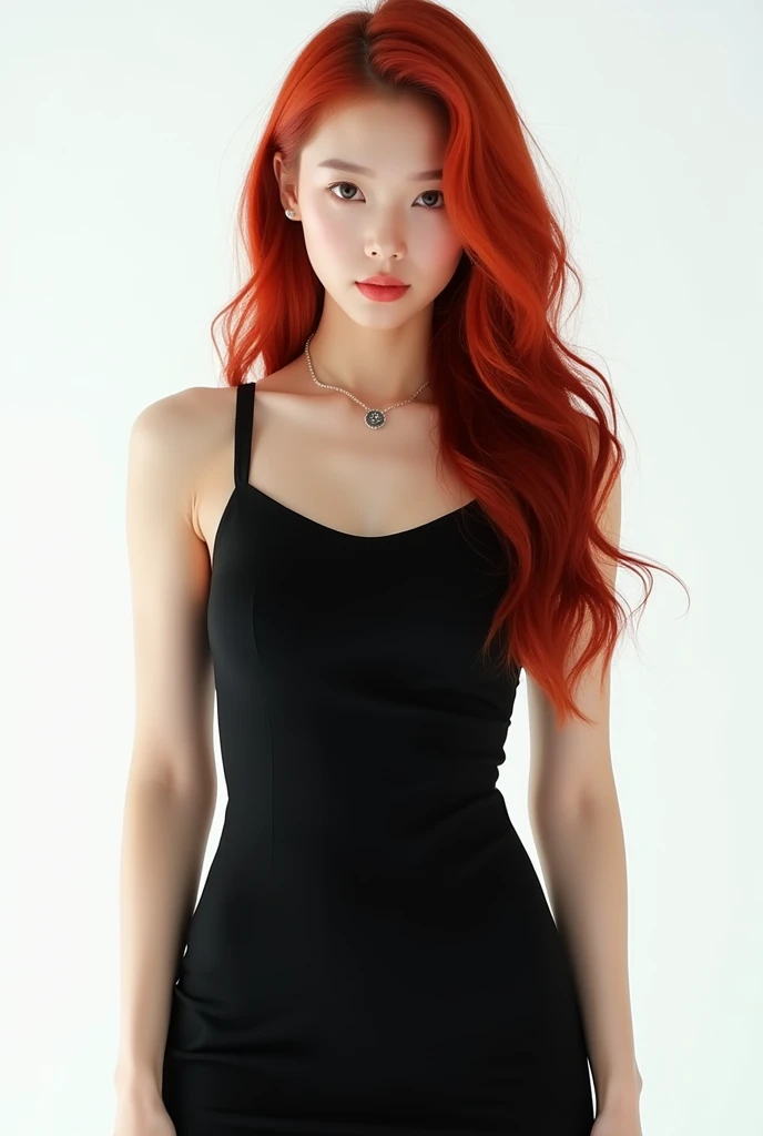 ningning with a white background behind her, a proud look and long red hair. with a black dress