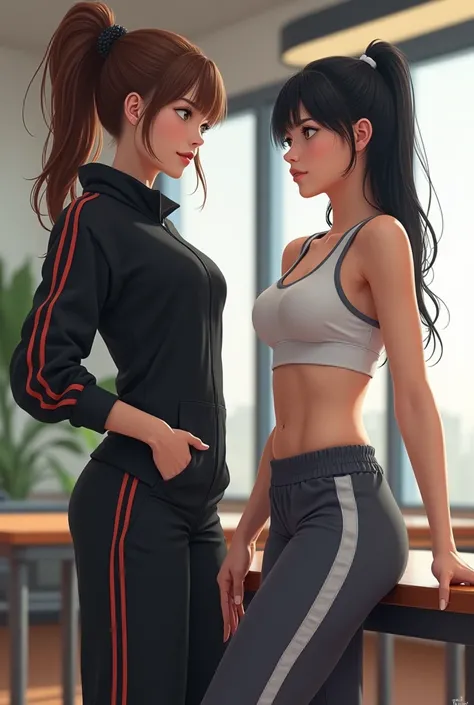 photorealism. The girl on the right stands with her back to the table, leaning her palms on it. ,in a tracksuit,Topics and losinah, European appearance with a surprised look on his face and loose black hair. The girl on the left is above ,than the girl on ...