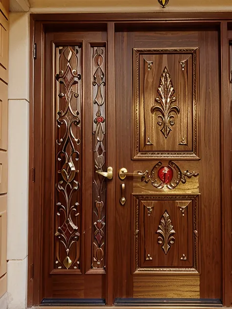 (rectangular wooden European door in Ferrari red color)(front view),(with golden metal handle),(in Christmas and realistic style),(with carved arabesques)