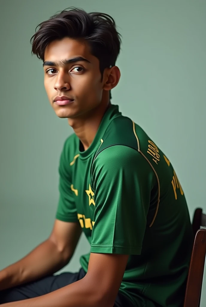 A 16 year boy set on the chair .the boy name is “ M ibad” he is wear Pakistan cricket team jersey the boy name is the back of his jersey 