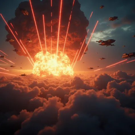 Many unidentified flying objects attack 10,10,000 meters in the sky, Realistic, Hundreds of laser beams, Big Explosion