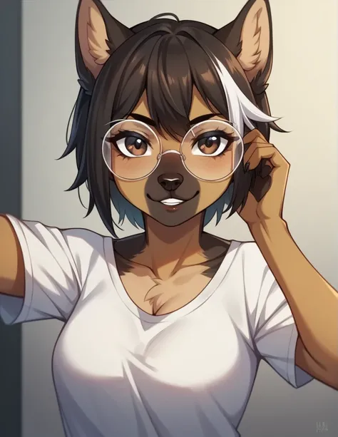 独奏, score_9, score_8_up, score_7_up, score_6_up, score_5_up, source_アニメ, score_4_up, German Shepherd Anthro, Female One, perfectbody, Medium chest, chestnut hair, white streak in bangs, brown dark eyes, round glasses (white glasses), comfortable and casual...