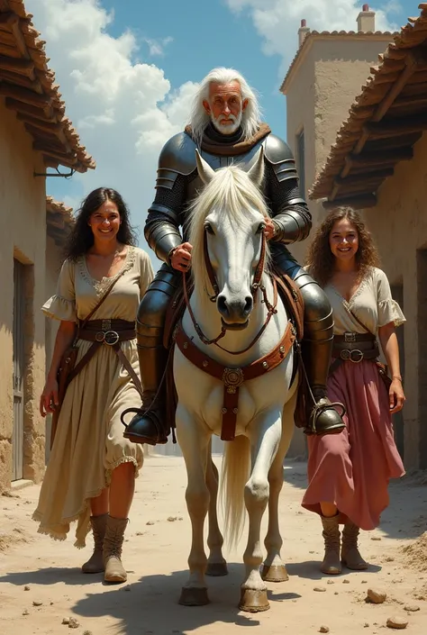 Don Quixote of La Mancha in armor, old man with white hair and white horse. With two women from the street, laughing at him, dirty on the floor, with clothes (Prostitutes) in a village.