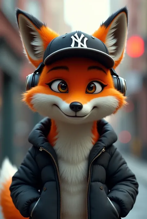 Renard qui porte une casquette NY un blouson NY et a un casque audio autour de son coup