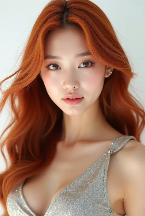 close up of jenny kim, Korean idol, with a white background behind her, a proud look and long, bright red hair with a silver dress