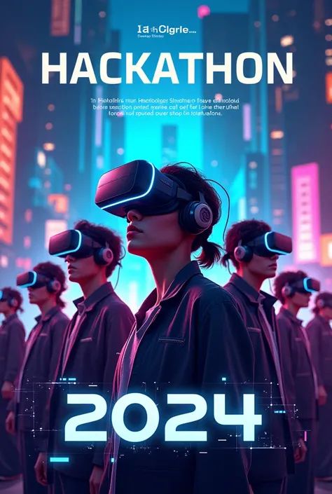 create a poster for hackathon 2024 including human characters wearing VR headsets. "hackathon 2024" must be written on the poster along with a small inspiring quote