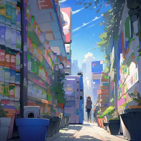 ((modern tokyo convenience store with a big vending machine outside: 1.3)) , ((camera facing the front of the store:1.2)), detailed anime artwork, urban, tokyo anime scene, ((bright blue sky: 1.0)), extra detailed, very detailed, japanese shop banners, pla...