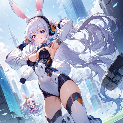 score_9_up, score_9, score_8_up, score_7_up, source_anime,masterpiece, best quality, high resolution, extremely detailed CG, absurdres, highres, 1girl solo, a mecha bunny girl jump on top of a futuristic circular device in universe, long hair, thighhighs, ...