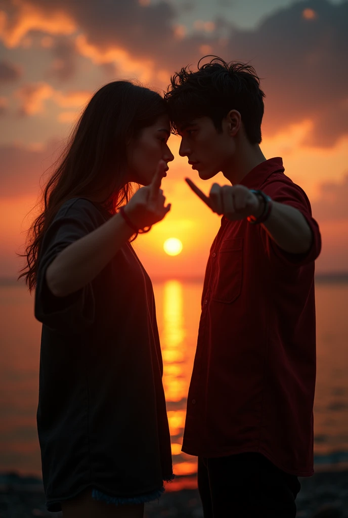 Shadow couple girl and boy pointing their two finger finger guns on each others heads straight hands dark aesthetic real sunset evening shore young 
 
