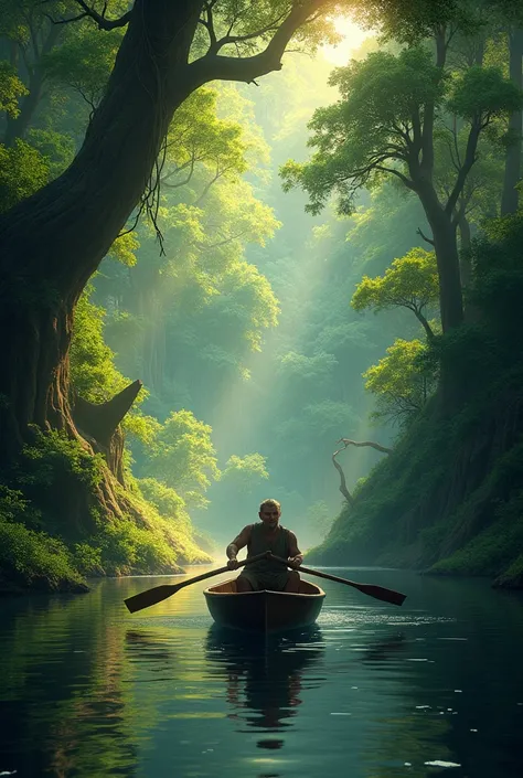 A man with a small boat on a river almost entirely covered by dense forest