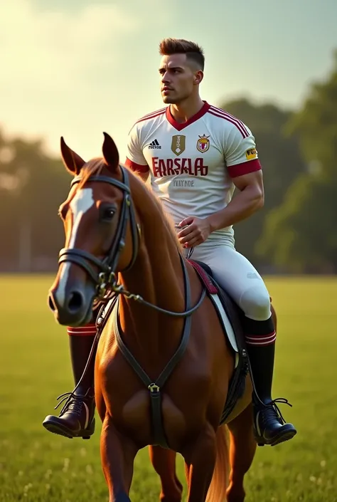 A man in a white team jersey on a horse
