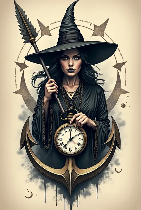 An arrow with a pocket watch, a witch and an anchor for a tattoo 