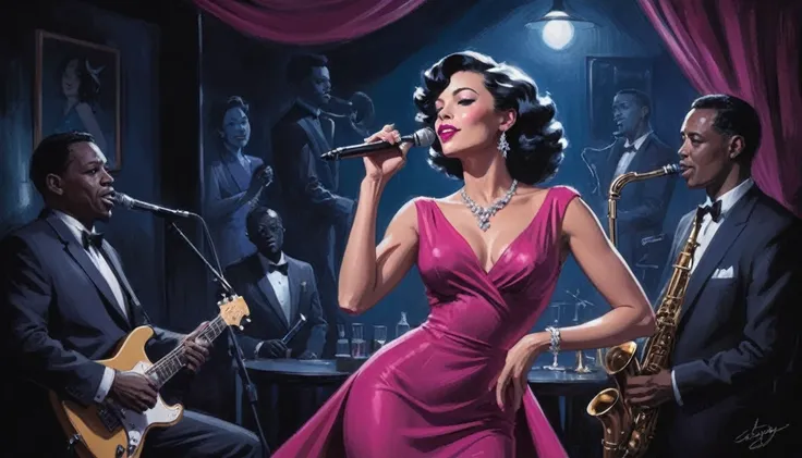 alabama bar, blue note, charismatic, baterist, guitarist, saxophonist, jazz band, fuchsia dress, illustration, noir fantasy, singer lady, 