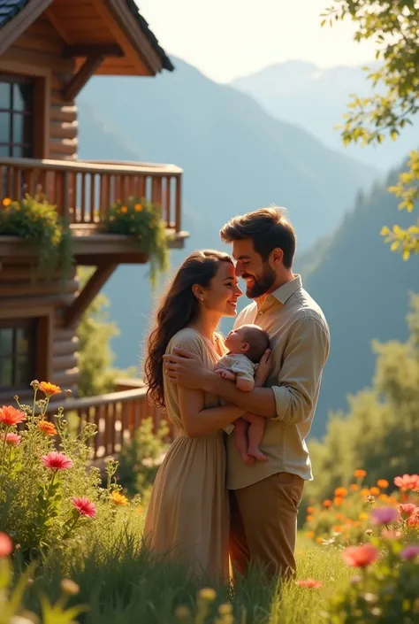 A happy family , husband wife a  and a baby boy spending family time together in a beautiful small garden of their house with balcony, beautiful house in the mountains......