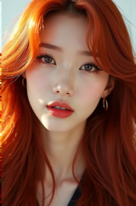 close up of natty from kiss of life, Korean singer with a white background behind her, with a proud look and long bright red hair