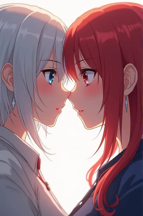 Anime, 2girls, canon, whitebhair, red hair, age 20, age 22, touching noses, blue eyes, red eyes, face to face.