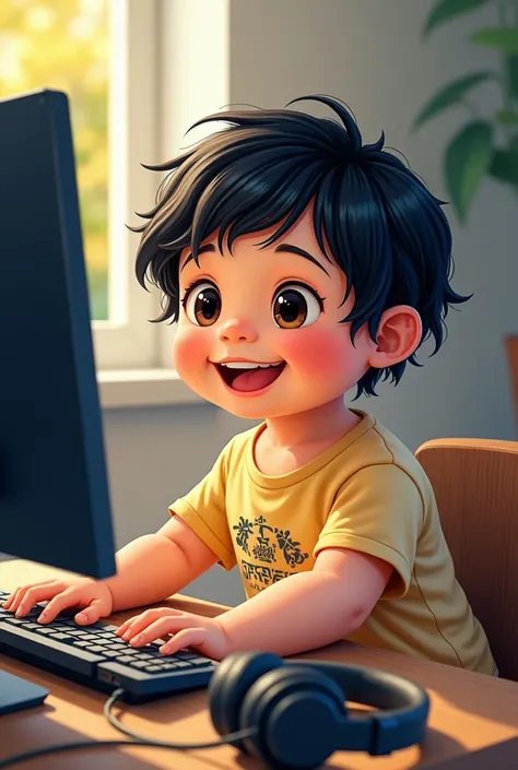 Drawing of a 10-month-old baby dressed as a programmer with headphones on his side using the computer, with black hair, dark brown eyes and a t-shirt, appearing completely happy.