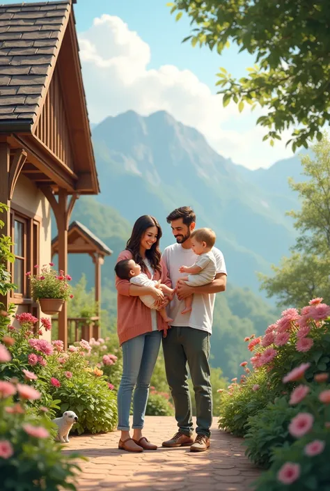 A happy family , husband wife a baby girl and a baby boy spending family time together in a beautiful small garden of their house with balcony, beautiful house in the mountains......