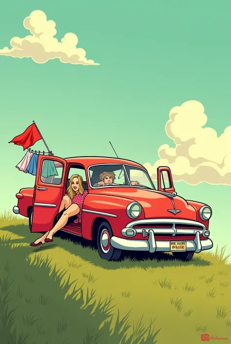 Help me with an image of a car with the doors open on the doors clothes hanging in perspective on a hill with a woman&#39;s legs sticking out of the windows of the car in a retro 50&#39;s cartoon style